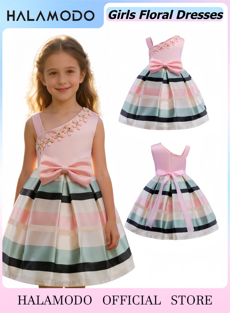 Halamodo 2-9T Flower Girls Floral Dresses Toddler Pageant Striped Dress Wedding Party Dress - Image 1